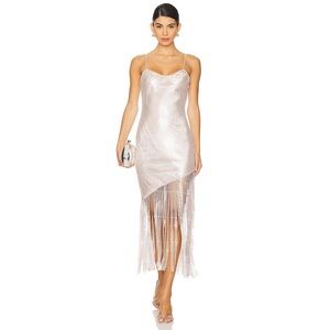 NWT‎ Saylor Lillie Sequin Mesh Fringe Midi Dress in Platinum